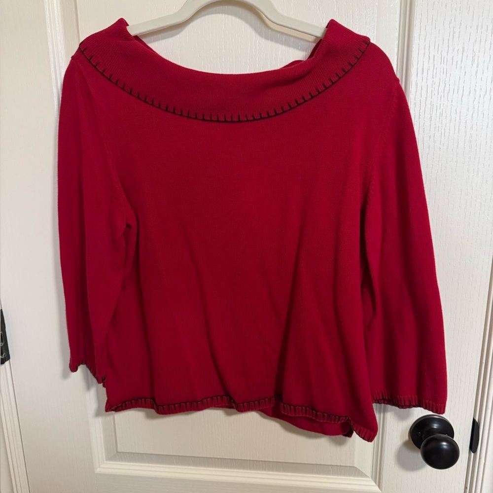 Rafaella Red Boat Neck Sweater with Black Whipstitch Trim